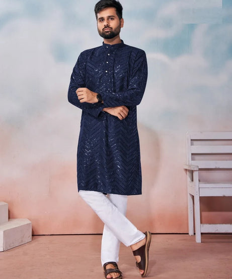 Heavy Rayon Chikan Work Kurta Pajama Set For Men's