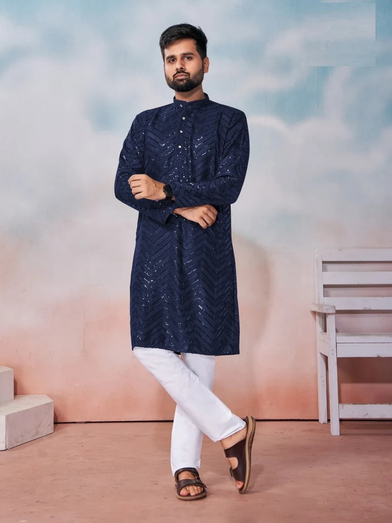Heavy Rayon Chikan Work Kurta Pajama Set For Men's