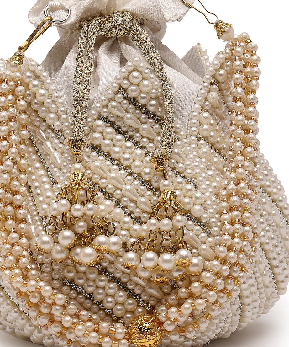 Lotus Pearl Embellished Faux Silk Potli Bag