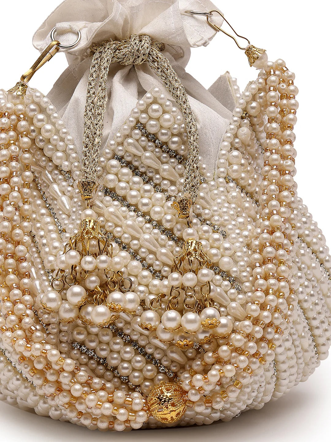 Lotus Pearl Embellished Faux Silk Potli Bag