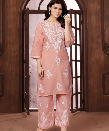 Heavy Cotton With Chikankari Embroidery Work Kurti Pant