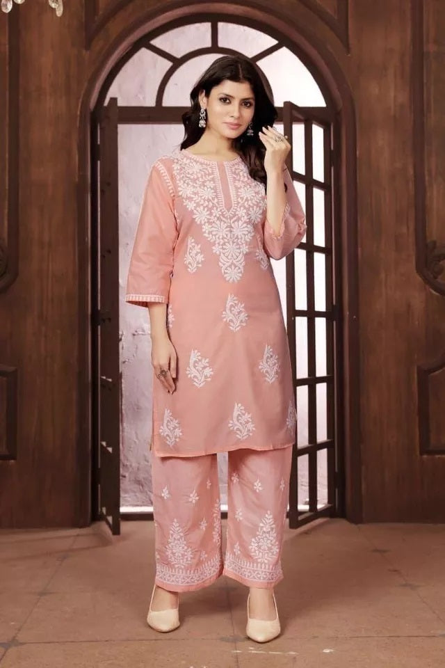 Heavy Cotton With Chikankari Embroidery Work Kurti Pant