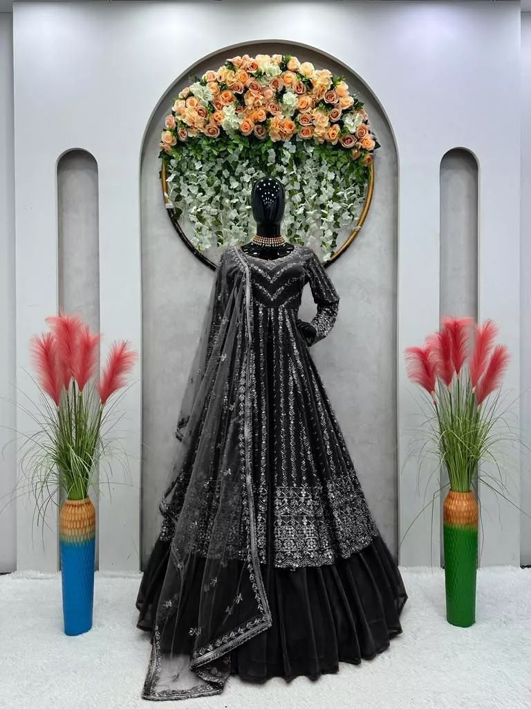 Style Faux Georgette Top Lehenga & Dupatta Set