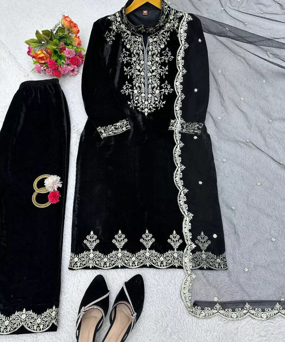 Velvet Fabric Sequence Work Top & Pant Dupatta