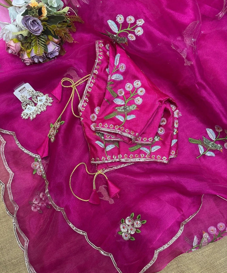 Soft Organza Saree With Embroidery Sequence Work Sari With Blouse