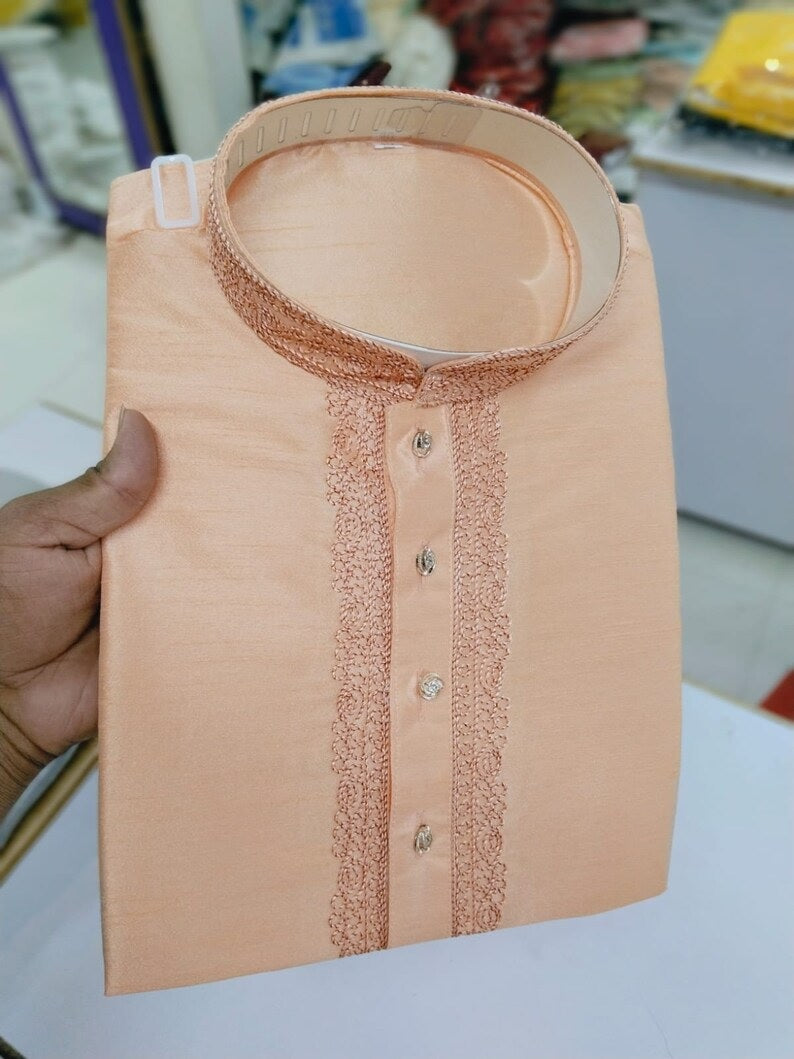 Cotton With Embroidery Work Kurta Set For Men's