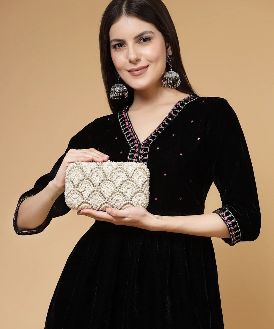 Pearl Embellished Corduroy Clutch