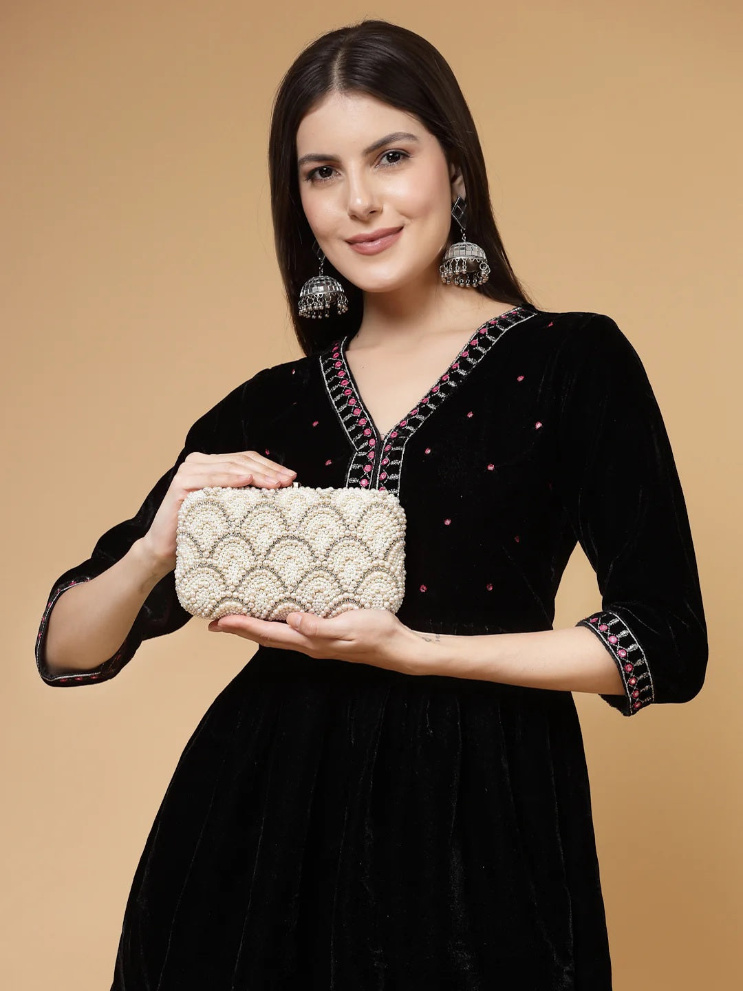 Pearl Embellished Corduroy Clutch