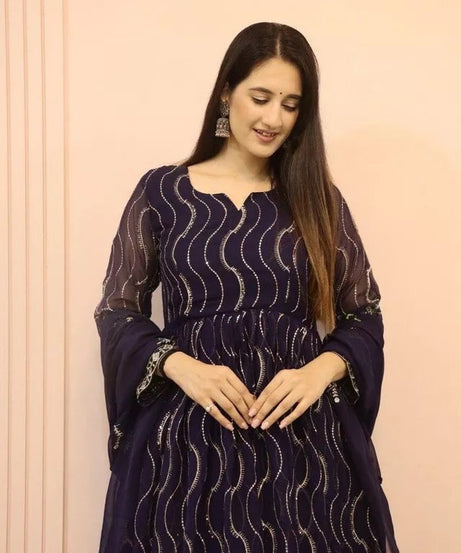 Ethnic Designer Stylish Stitched Faux Georgette Long Anarkali Gown Dupatta