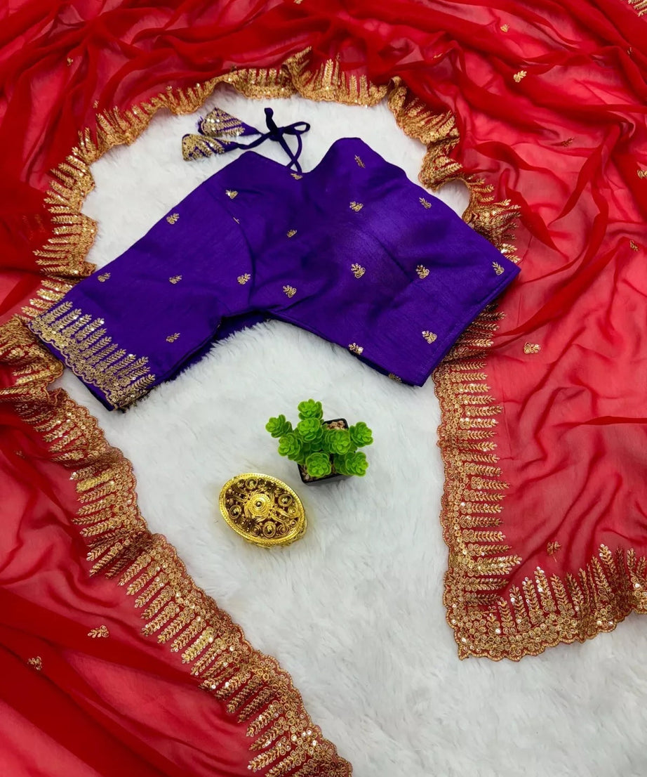 Rich Soft Georgette Fabric With Golden Tunic Sequence Work Saree With Blouse