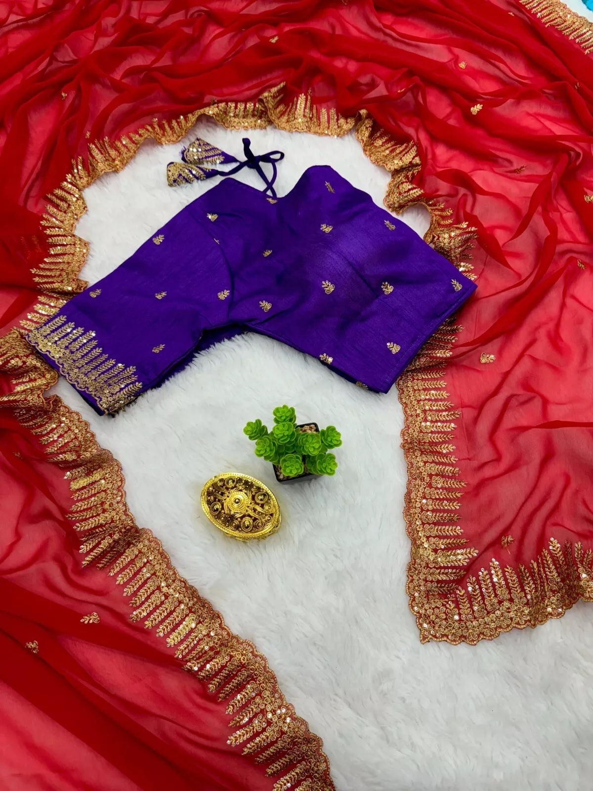 Rich Soft Georgette Fabric With Golden Tunic Sequence Work Saree With Blouse