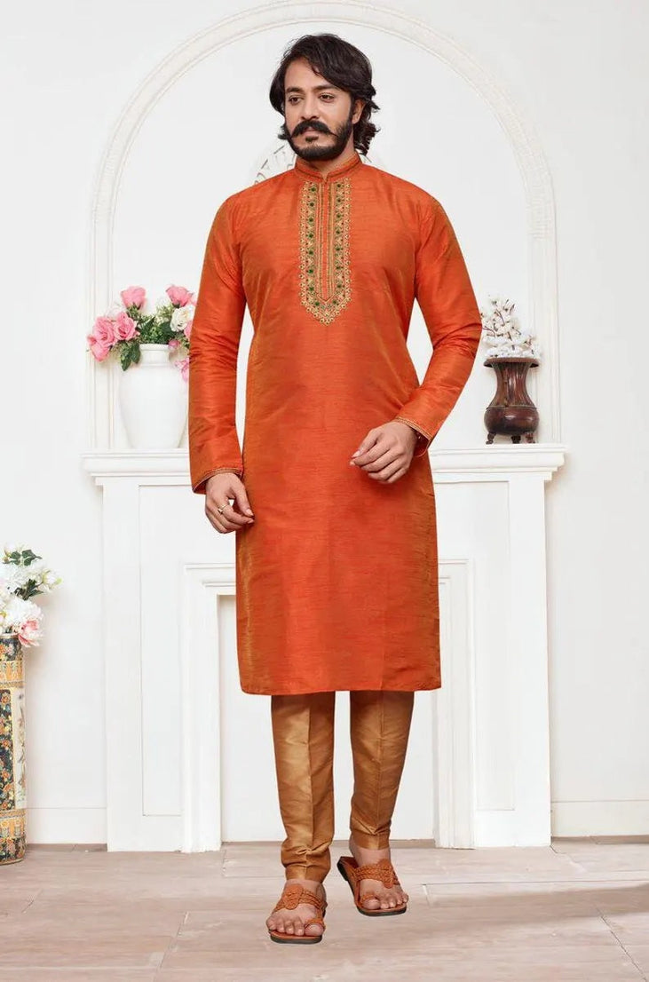 Heavy Silk With Embroidery Work Kurta Pajjama Men's Set