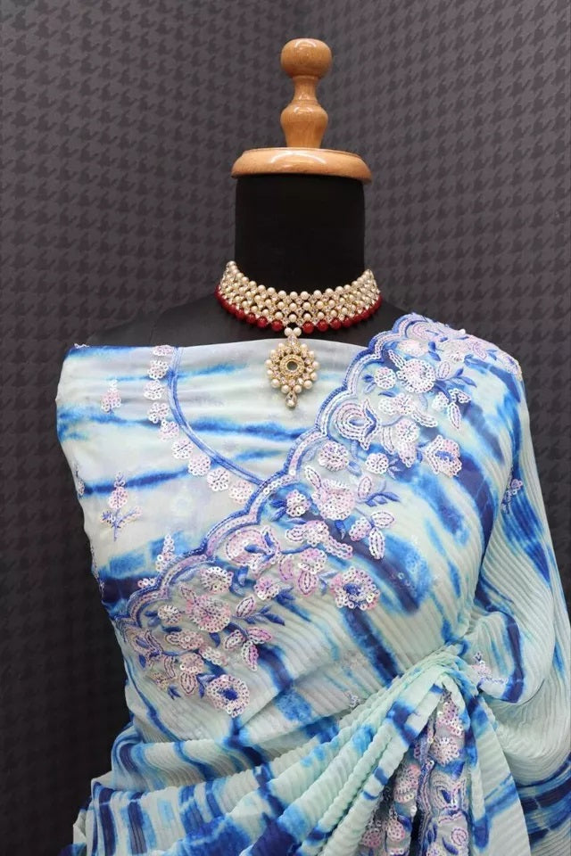 Traditional Soft Crush Multi Color Print Georgette Saree And Blouse