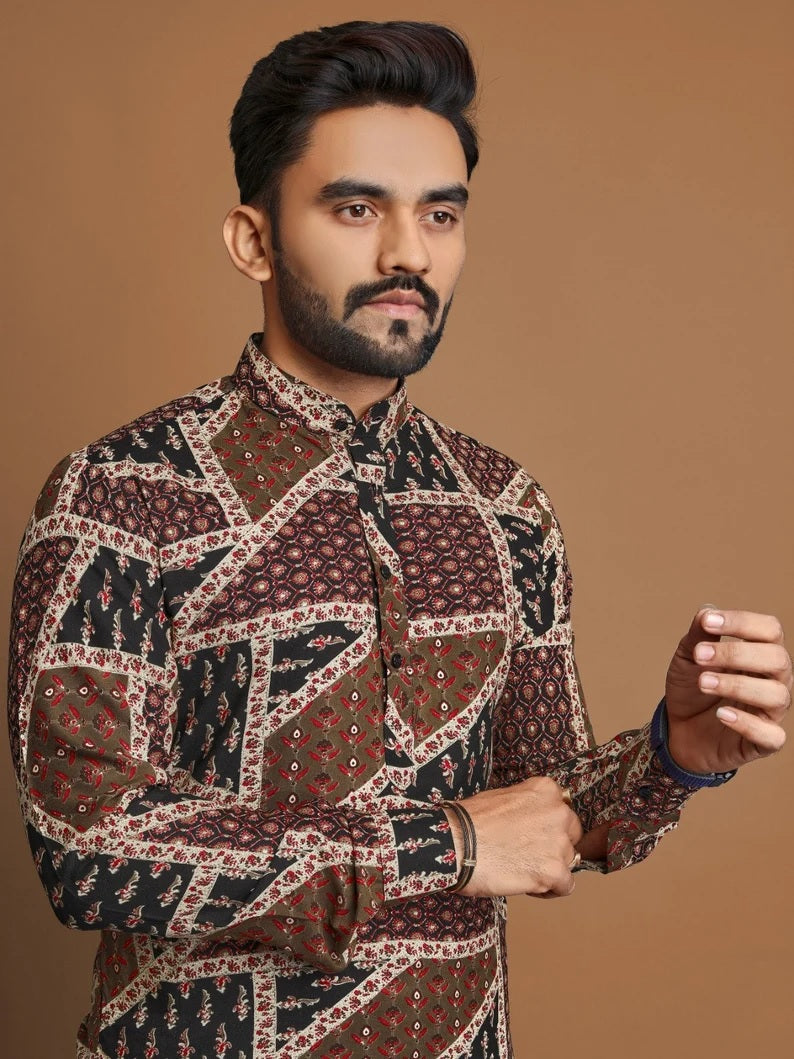 Men's Soft Cotton Foil Print Designer Kurta Pajama Set