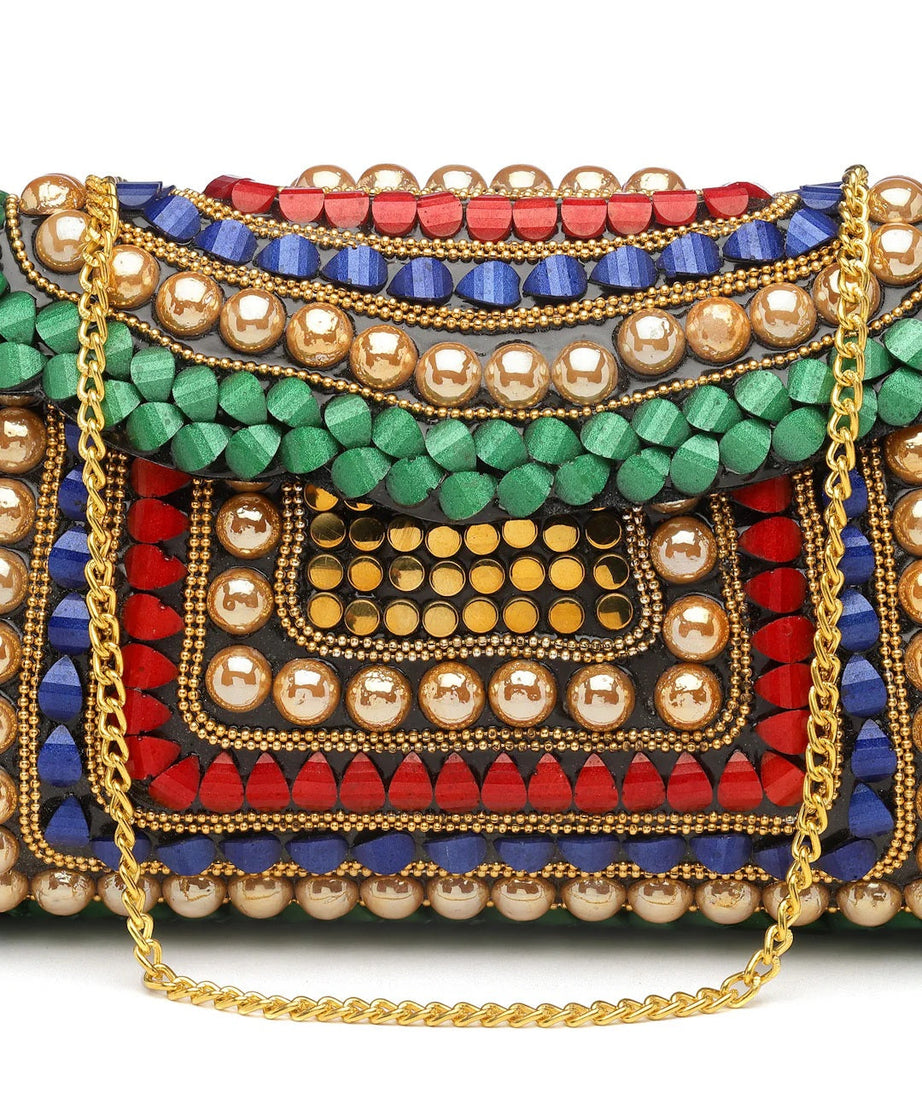 Mosaic Stone Work Embellished Metal Clutch