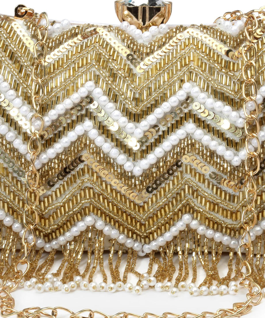 Dangle Chevron Embellished Velvet Clutch