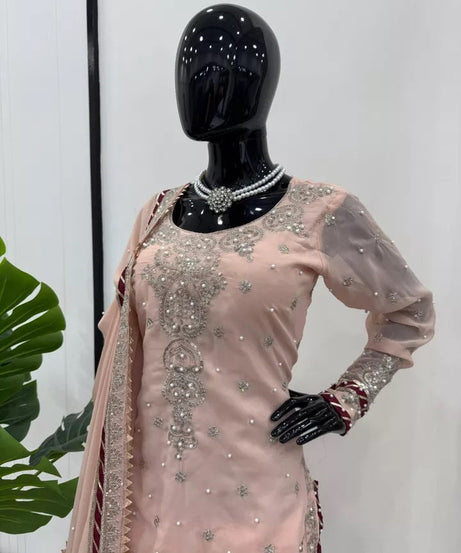 Indian Wedding Special Ethnic Stitched Faux Georgette Top Sharara Dupatta