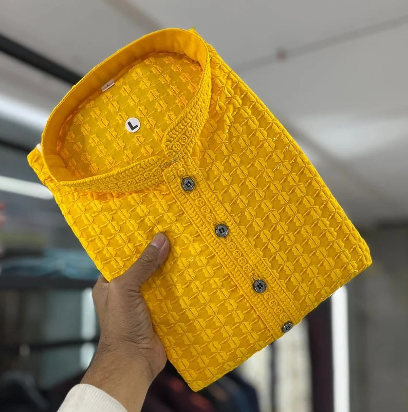 Men's  Cotton Rayon With Sequin Work Kurta Pajama Set