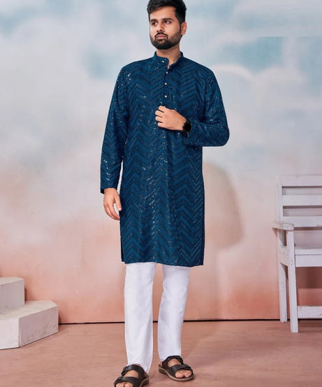 Heavy Rayon Chikan Work Kurta Pajama Set For Men's