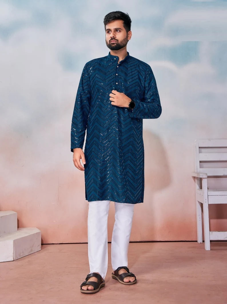 Heavy Rayon Chikan Work Kurta Pajama Set For Men's