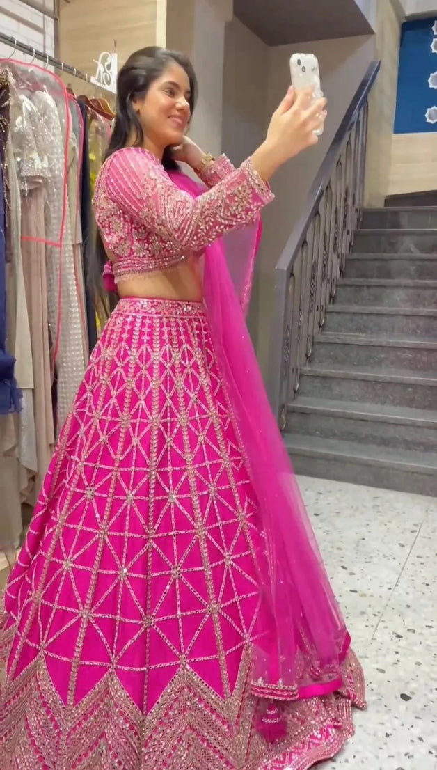 Pink Traditional Wedding Georgette With Thread Work Lehenga Blouse & Dupatta