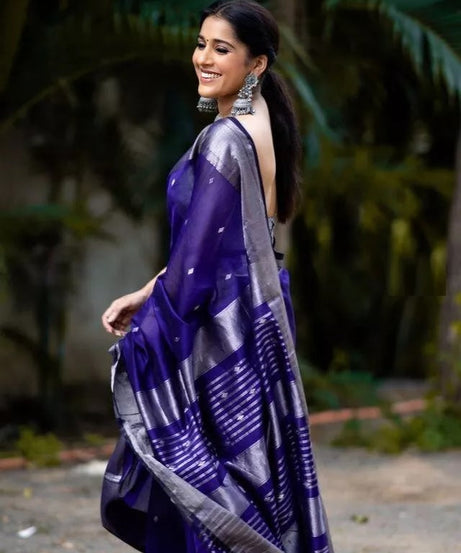 Purple Indian Beautiful Banarasi Soft Silk Saree With Blouse