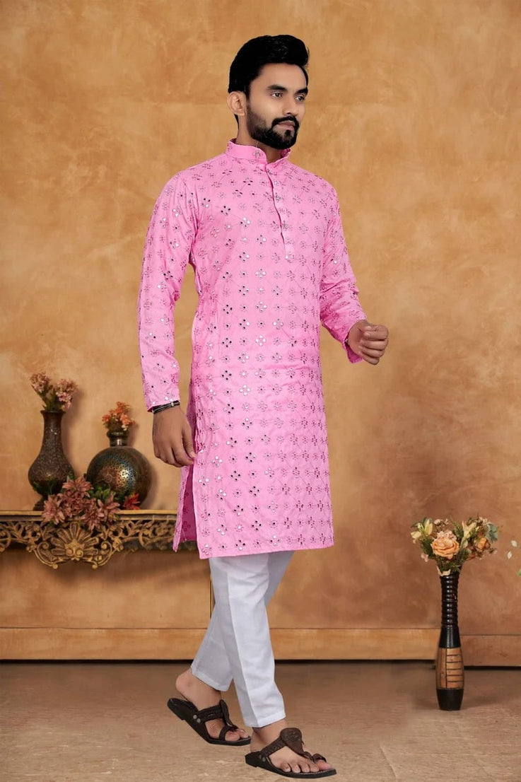 Men's Cotton With Embroidery Work Kurta Pajama Set