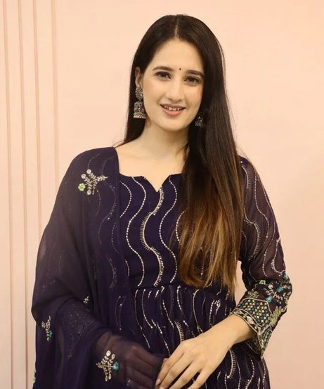 Ethnic Designer Stylish Stitched Faux Georgette Long Anarkali Gown Dupatta