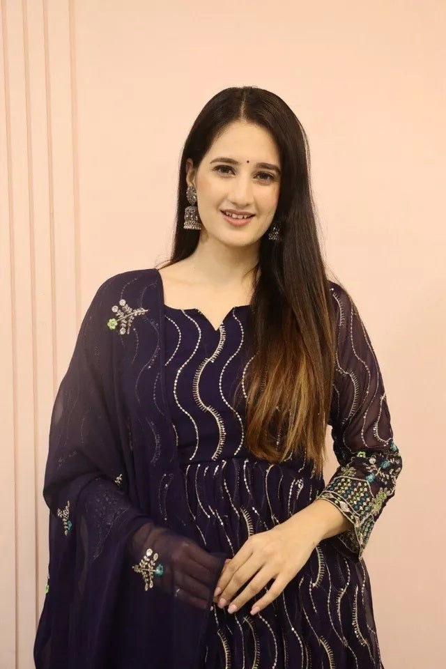 Ethnic Designer Stylish Stitched Faux Georgette Long Anarkali Gown Dupatta