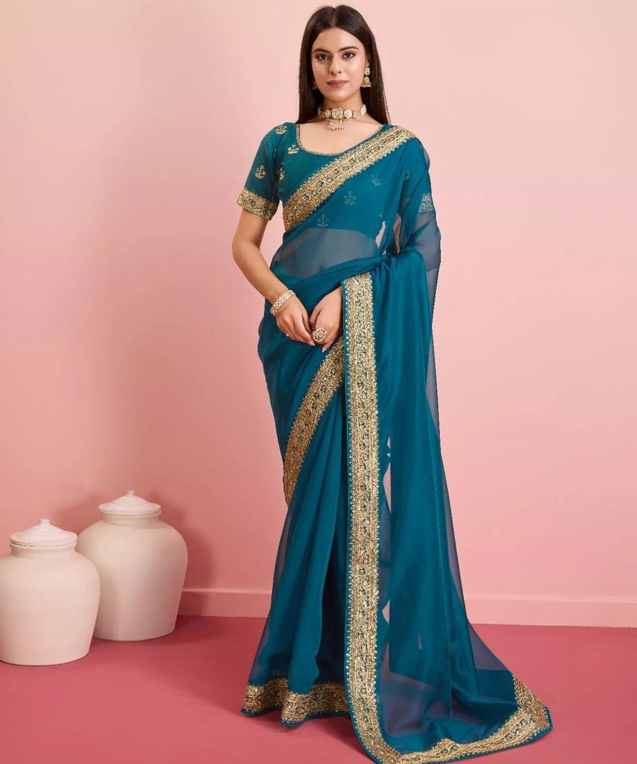 Tabby Silk Organza With Embroidery Lace Work Sari &  Blouse