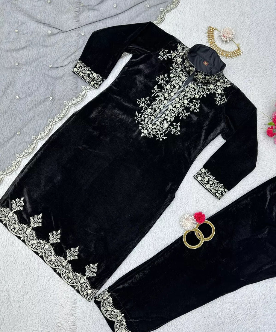 Velvet Fabric Sequence Work Top & Pant Dupatta