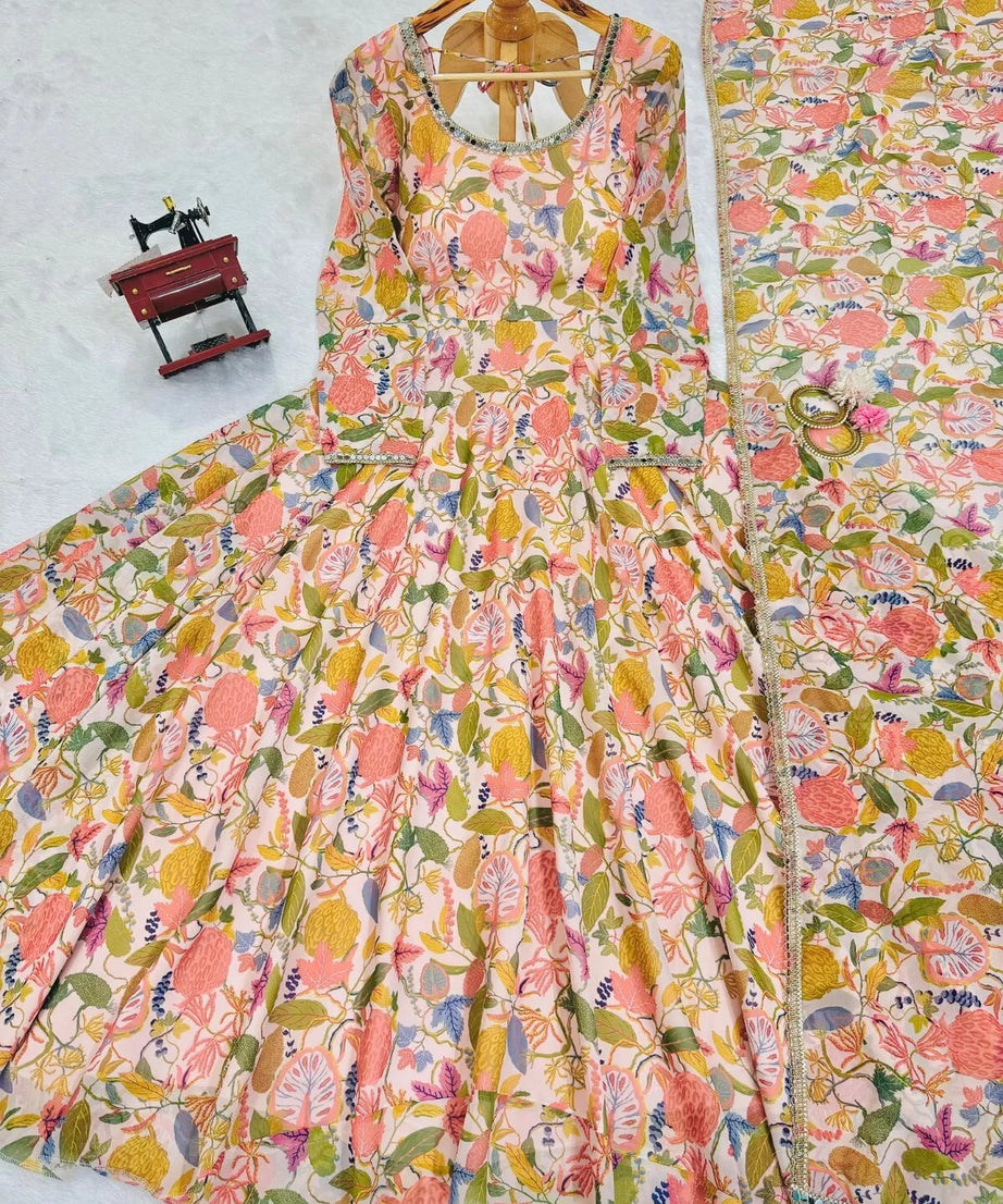 Georgette With Inner  Digital Print Mirror Work Anarkali Suit & Dupatta
