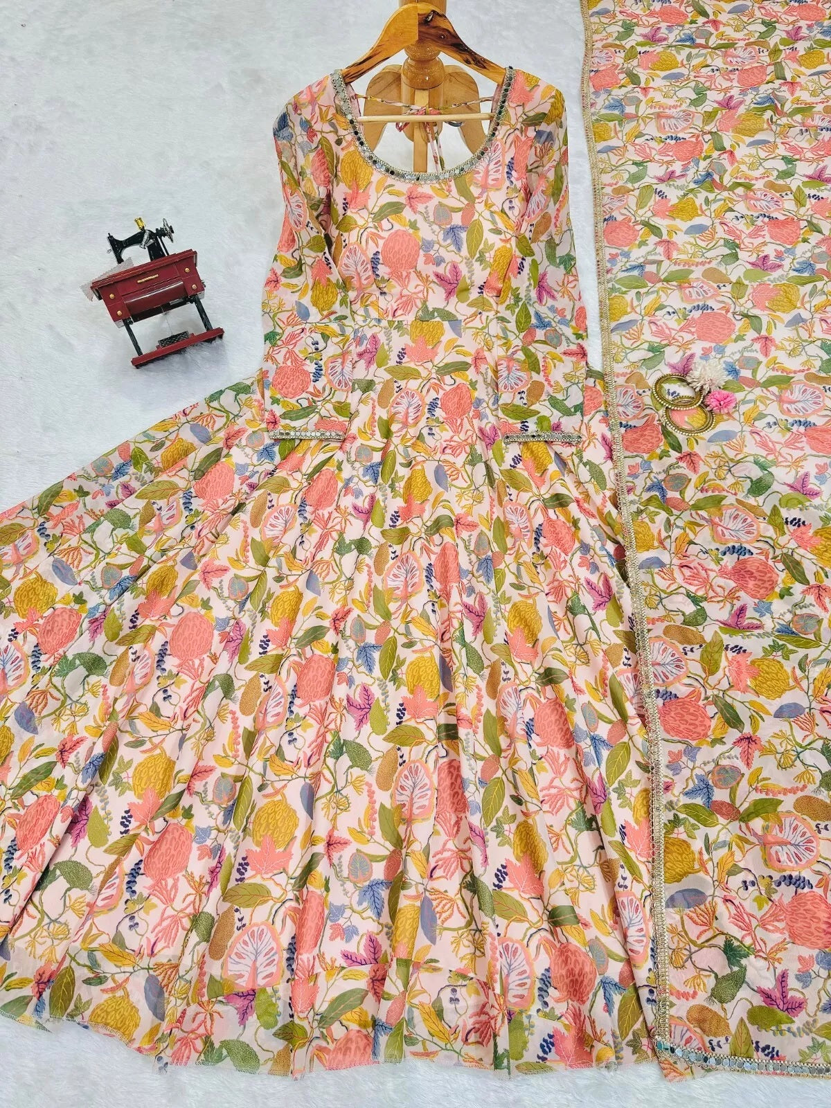 Georgette With Inner  Digital Print Mirror Work Anarkali Suit & Dupatta