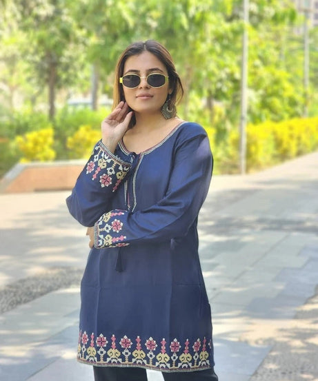 Short Stylish Heavy Rayon With Embroidery Work Printed Kurti