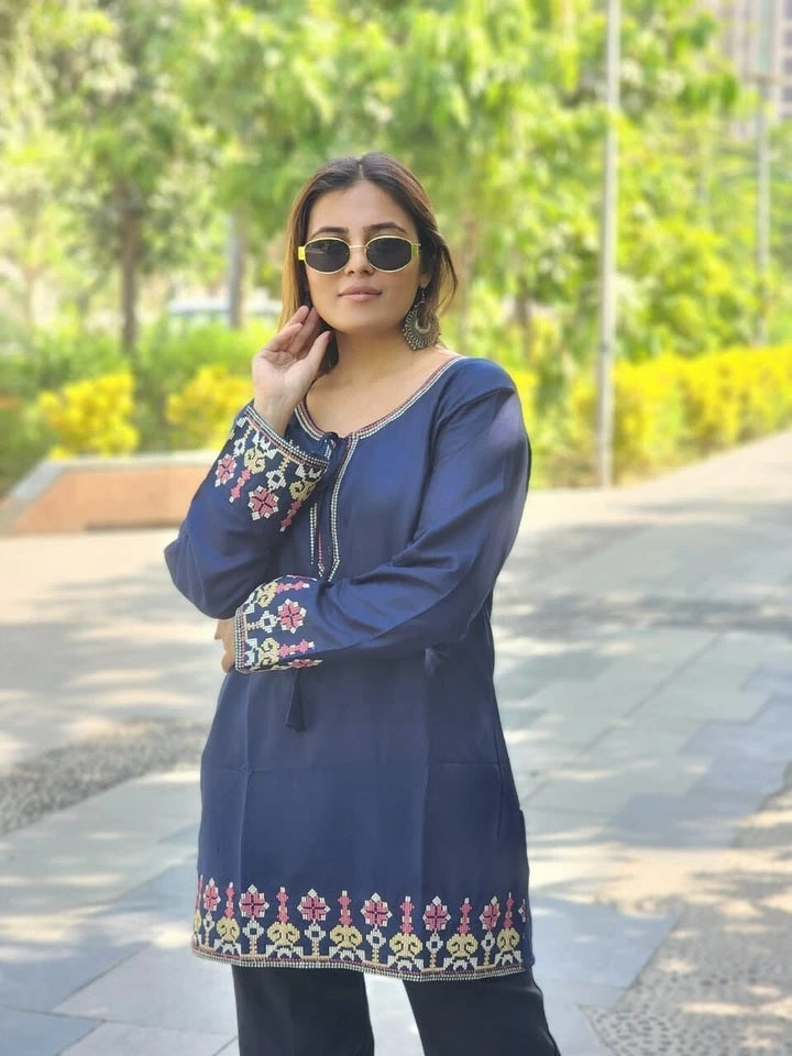 Short Stylish Heavy Rayon With Embroidery Work Printed Kurti