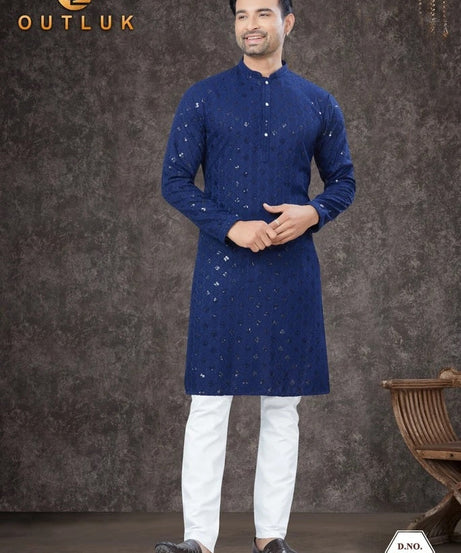 Traditional Wear Rayon Sifly Lakhnawi Kurta Pajama Set For Men's