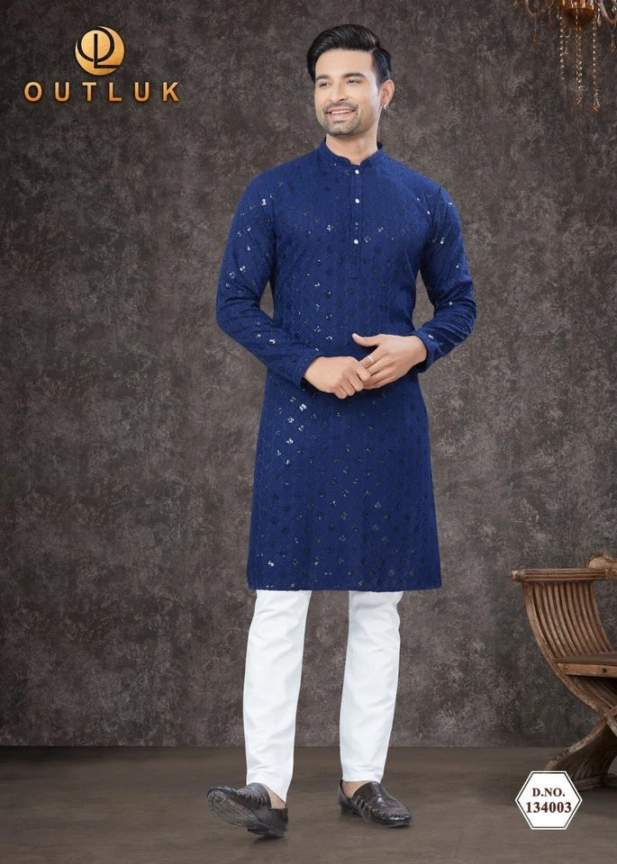Traditional Wear Rayon Sifly Lakhnawi Kurta Pajama Set For Men's