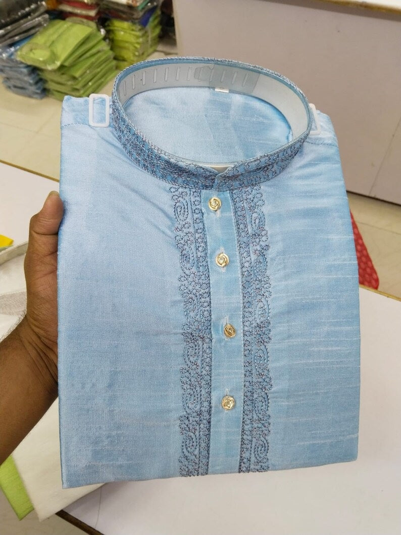 Cotton With Embroidery Work Kurta Set For Men's