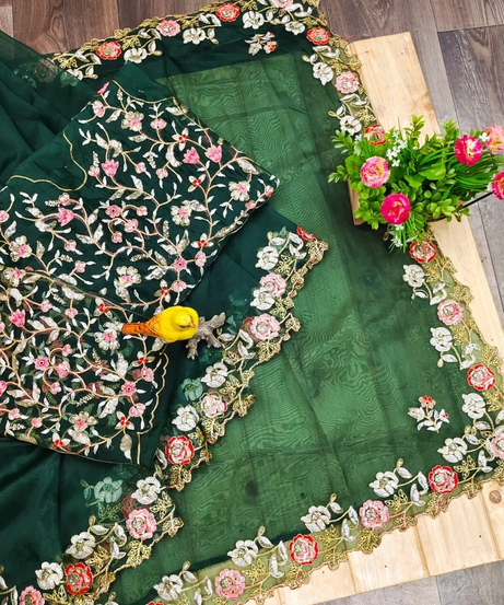 Organza Silk,Sequince & Zari Thread Designer Party Wear Saree & Blouse 11-RV