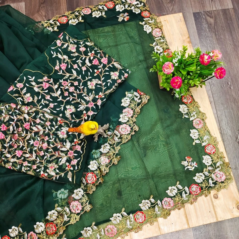 Organza Silk,Sequince & Zari Thread Designer Party Wear Saree & Blouse 11-RV