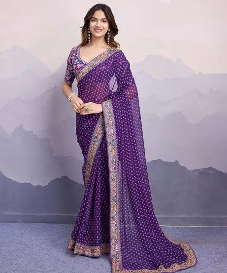 Georgette With Digital Print &Embroidery Work Sari With Blouse