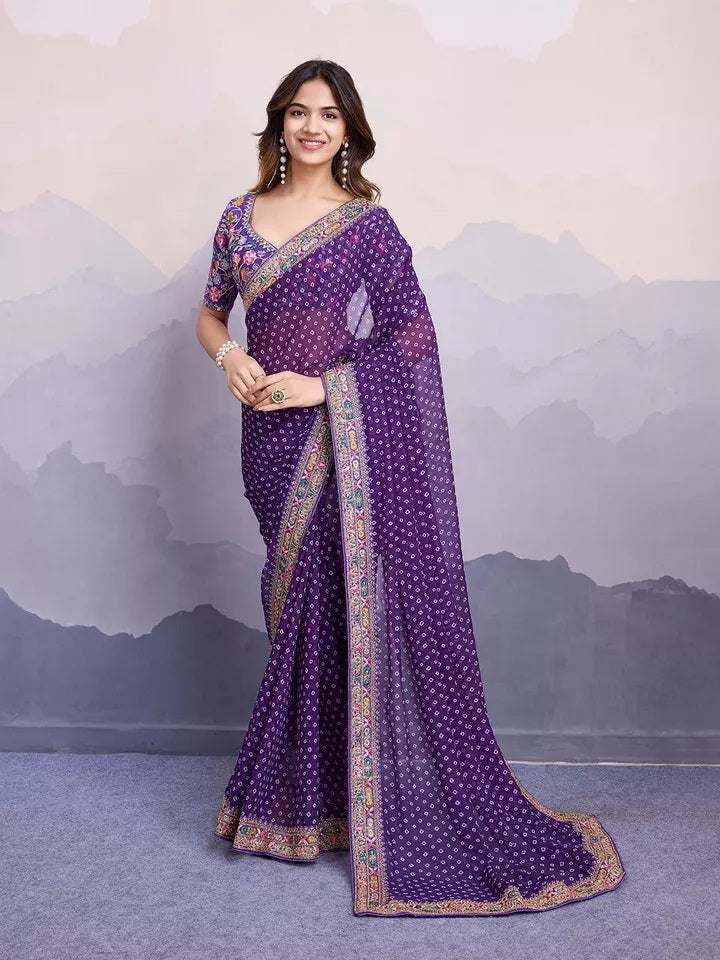 Georgette With Digital Print &Embroidery Work Sari With Blouse