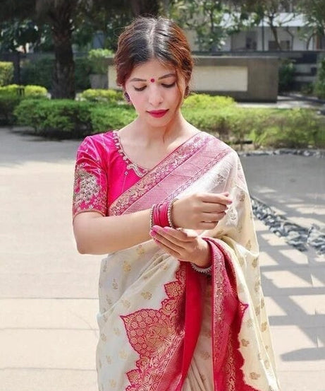 Traditional Festival Wear Saree, Banarasi Soft Silk Sari With Blouse