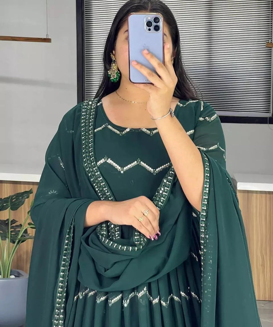 Georgette With Heavy Embroidery Work Long Anarkali Gown Dupatta