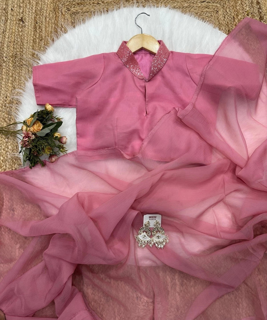 Fancy Soft Pure Chiffon Pink Beautiful Saree With Blouse