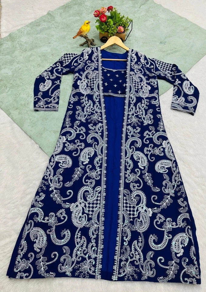 Faux Georgette With Designer  Embroidery Work Shrug - Palazzo & Blouse