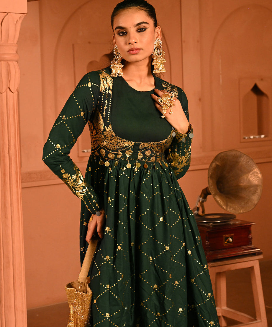 Luxury Emerald Green Gold Embroidered Anarkali Dress For Women(3XL)