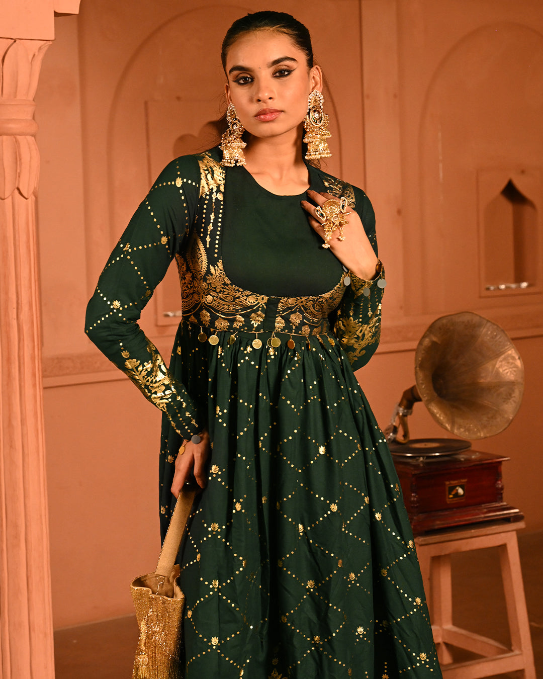 Luxury Emerald Green Gold Embroidered Anarkali Dress For Women(3XL)