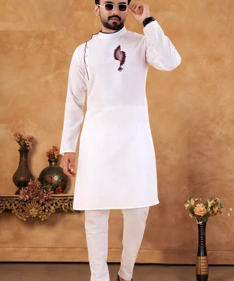 Men's Slub Cotton Kurta Pajama Set, Traditional Wedding Wear Long Kurta Set