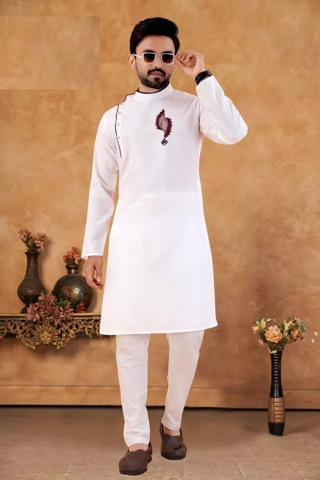 Men's Slub Cotton Kurta Pajama Set, Traditional Wedding Wear Long Kurta Set
